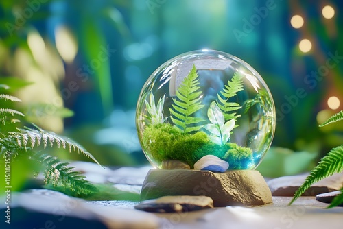 A crystal ball with the reflection of a lush green forest and ferns photo