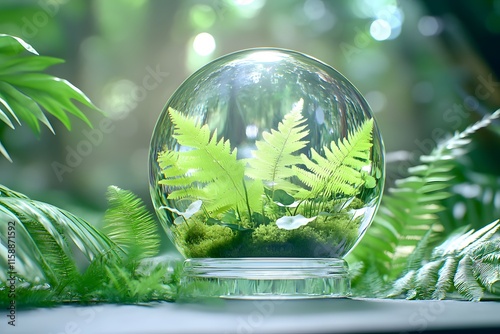 A crystal ball with the reflection of a lush green forest and ferns photo