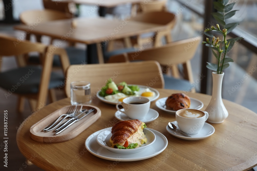 Fototapeta premium Delicious breakfast served on wooden table in cafe