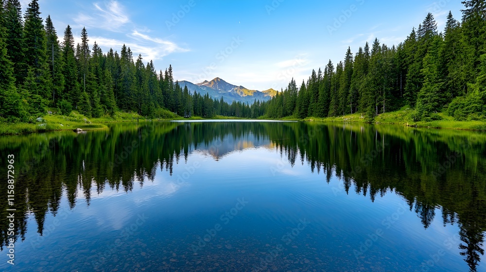 Serene Mountain Lake Surrounded by Lush Green Forests and Pines Serene Mountain Lake Surrounded by Lush Green Forests and Pines