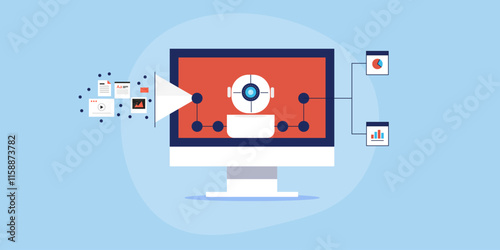 AI analytical tool gathering data from multiple content sources and preparing organised report, data visualization concept.