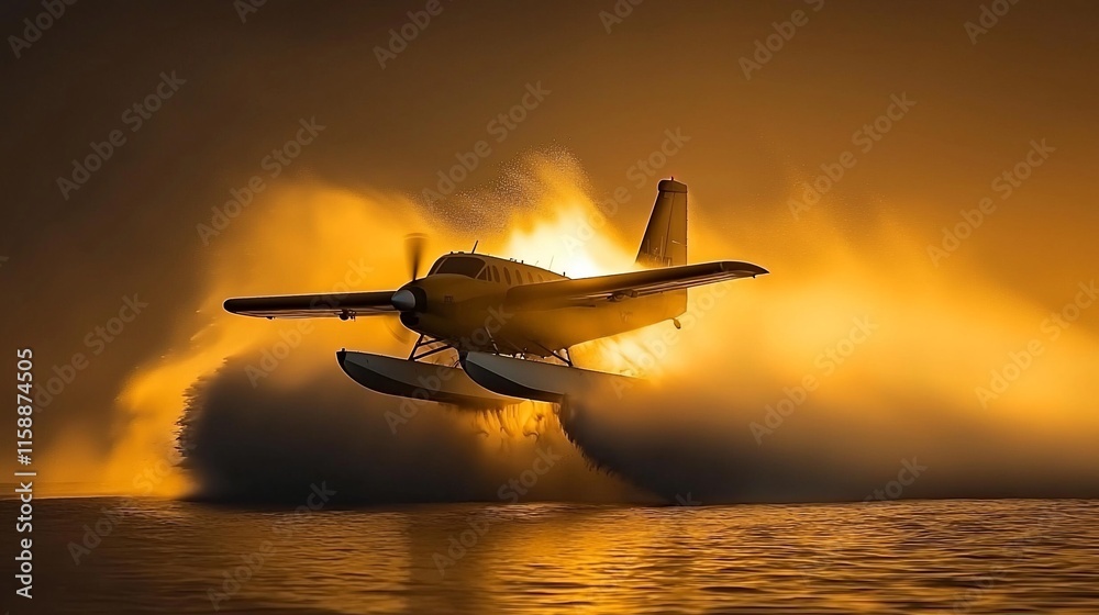 Fototapeta premium Yellow seaplane taking off at sunset, creating a spray of water.