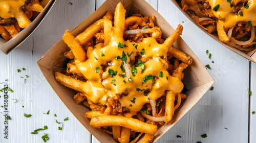 A delicious serving of loaded fries topped with cheese and herbs in a takeout box.