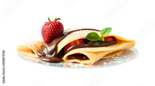 Crepe with strawberries and chocolate isolated on a transparent background