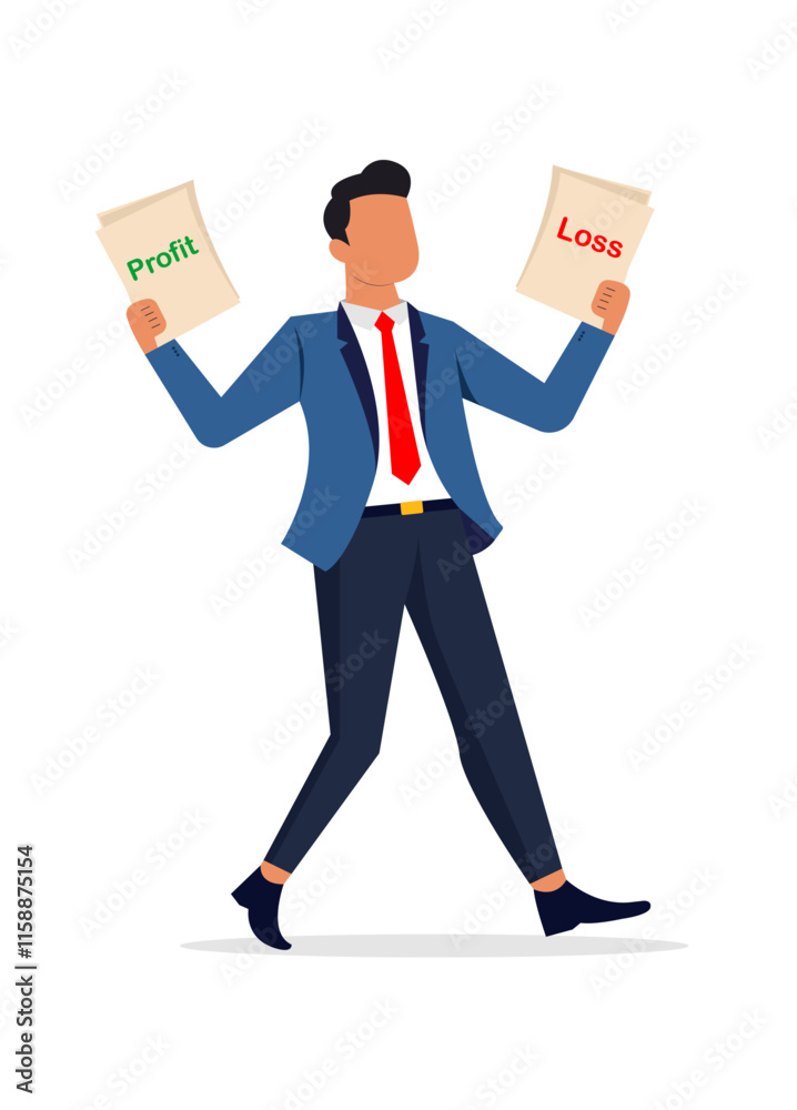 Confident businessman analyzing profit and loss sheets, representing financial decision-making, business strategy, and economic analysis Confident businessman analyzing profit and loss sheets, representing financial decision-making, business strategy, and economic analysis