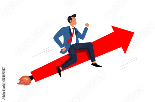 A businessman running on a red rocket-shaped arrow, symbolizing rapid business growth, success, and ambition in achieving high corporate and entrepreneurial goals