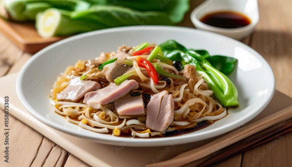 Delicious Flat Noodles with Meat and Fresh Vegetables on a Wooden Table Delicious Flat Noodles with Meat and Fresh Vegetables on a Wooden Table