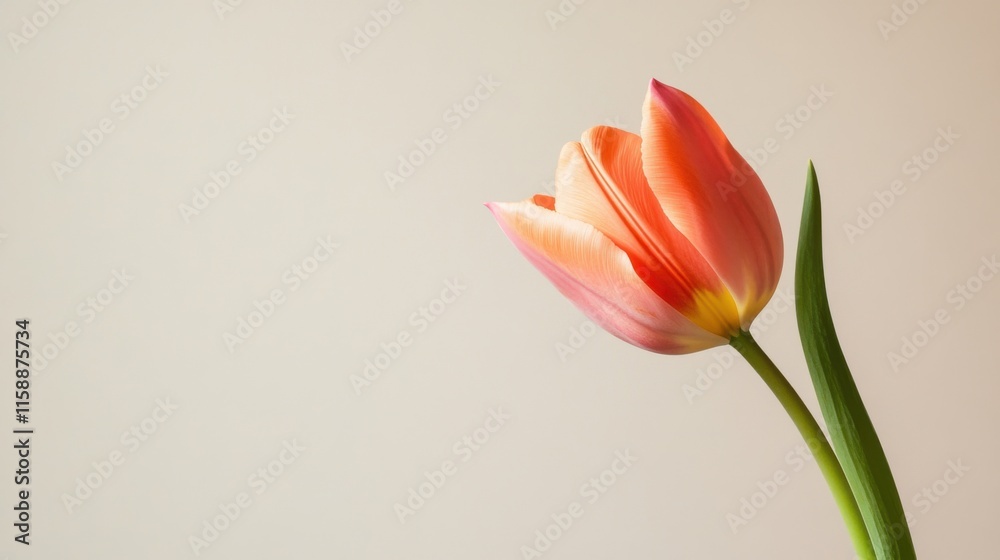 A single vibrant coral tulip against a soft taupe background, close-up shot, Minimalist style A single vibrant coral tulip against a soft taupe background, close-up shot, Minimalist style
