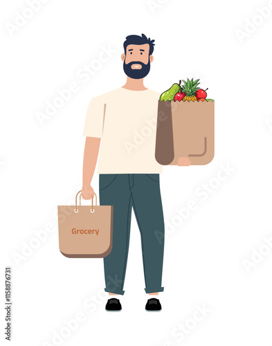 Illustration of a man carrying grocery bags filled with fresh vegetables and fruits, representing healthy living and shopping