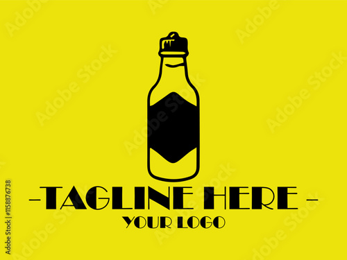 Black bottle outline on yellow background with a blank banner below for customizable text. Perfect for product label or advertising design and vektor