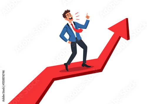 Businessman enthusiastically climbing an upward-pointing arrow, symbolizing career success, growth, and financial achievements