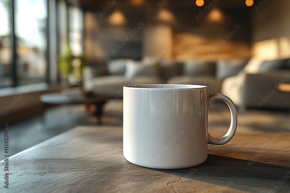 Blank White Mug on a Rustic Table in a Cozy Living Room Blank White Mug on a Rustic Table in a Cozy Living Room