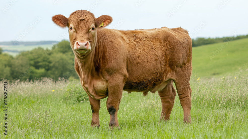 Brown calf standing in a lush green meadow Brown calf standing in a lush green meadow