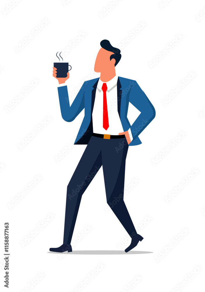Obraz premium Vector of a businessman in blue blazer, white shirt, red tie, holding coffee. Ideal for business lifestyle, corporate culture, or casual work setting themes. 