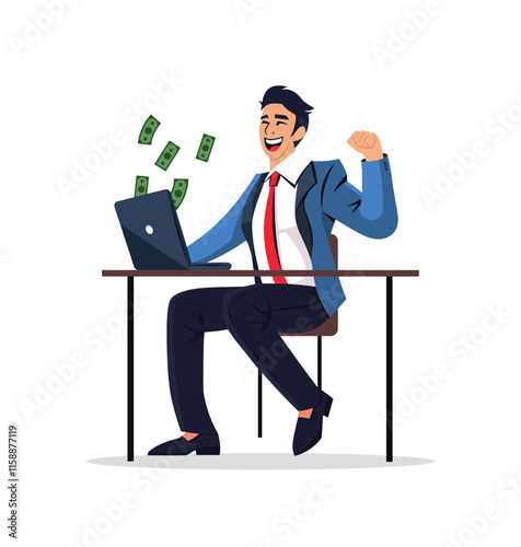 A cheerful businessman in a suit celebrates earning money online, sitting at a desk with a laptop as cash flies in the air, symbolizing financial success and digital earnings.