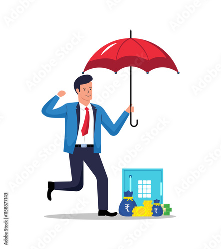 Businessman holding a red umbrella, symbolizing financial security, savings protection, risk management, and safeguarding investments, alongside bags of money and coins.