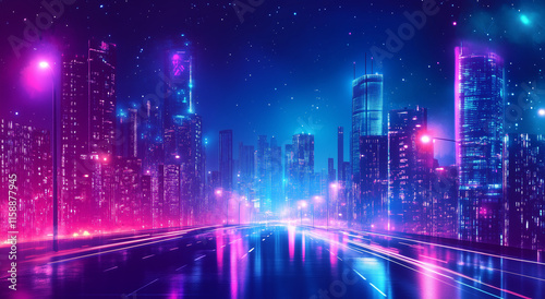 Neon Cityscape At Night With Vibrant Lights And Starry Sky