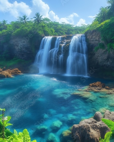 Lush tropical waterfall cascading into a vibrant blue pool.