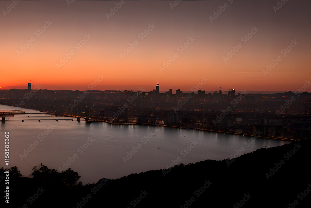 Fototapeta premium Scenic sunset over dark city silhouette