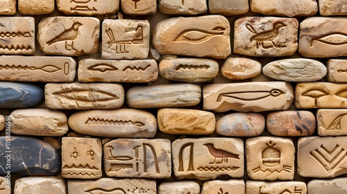 Ancient Egyptian Hieroglyphs Carved on Stone Tiles and Wall