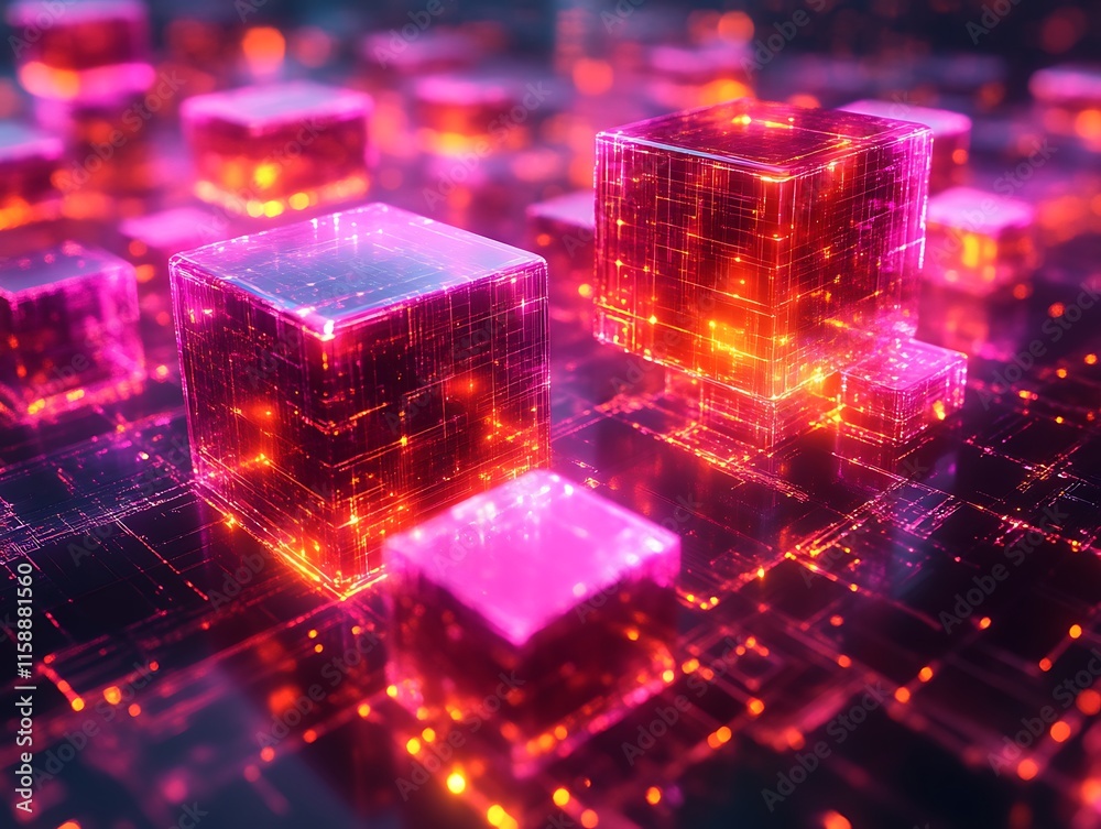 Glowing cubes on a digital circuit board. Glowing cubes on a digital circuit board.