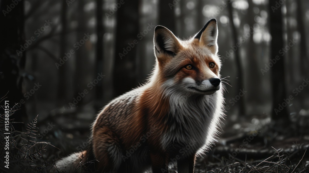 Fototapeta premium Red Fox Sitting In A Dark Forest