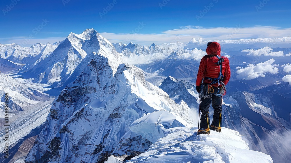 A mountaineer standing on a high-altitude summit, gazing at the vast expanse of snow-covered peaks and valleys below. A mountaineer standing on a high-altitude summit, gazing at the vast expanse of snow-covered peaks and valleys below.