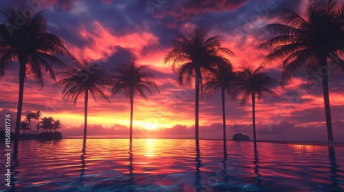 Stunning sunset over tropical palm trees with reflections, vibrant pink and purple sky, serene ocean horizon scene