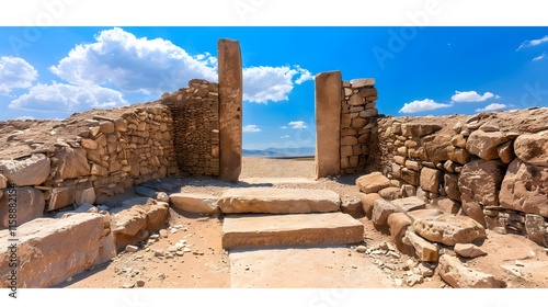 Ancient Stone Structure with Open Doorway Against Clear Blue Sky photo