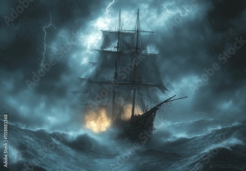 A sailing ship braves the waves on a stormy sea. photo