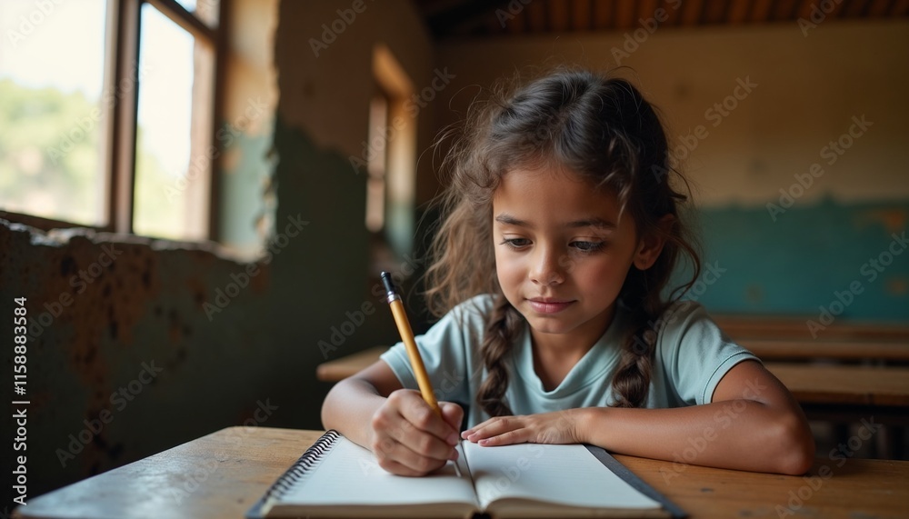 Young girl writing in a notebook in a rustic classroom, focused on learning with natural light streaming through the window Young girl writing in a notebook in a rustic classroom, focused on learning with natural light streaming through the window