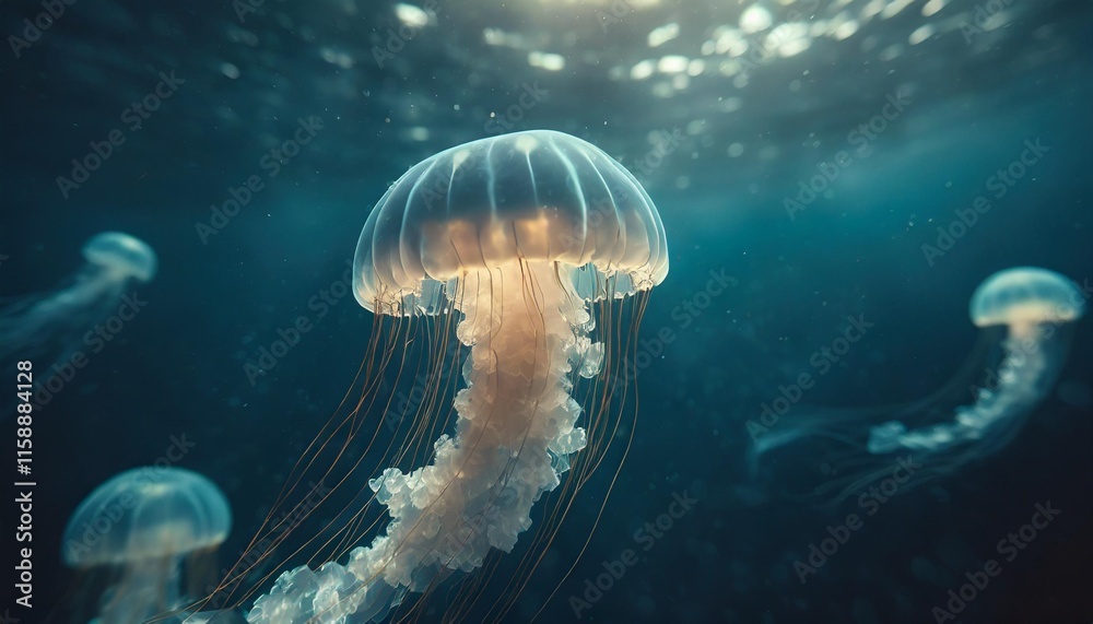 Fototapeta premium Glowing Bioluminescent Jellyfish Drifting Serenely in the Deep Ocean