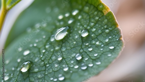 Close-up of Fresh Green Leaves with Dew Drops – Macro Raindrops on Plants in Nature