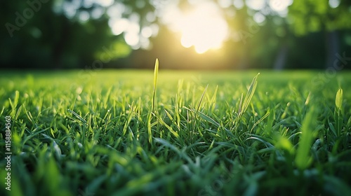 Green grass growing in sunset light in summer meadow