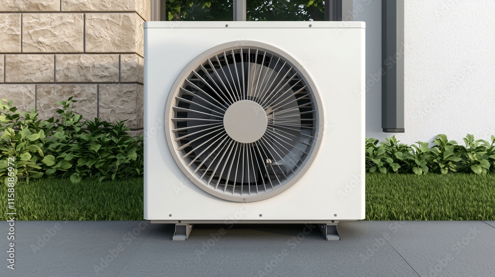 Energy efficient air source. Air conditioning unit installed outside a modern building with greenery in the background. Energy efficient air source. Air conditioning unit installed outside a modern building with greenery in the background.