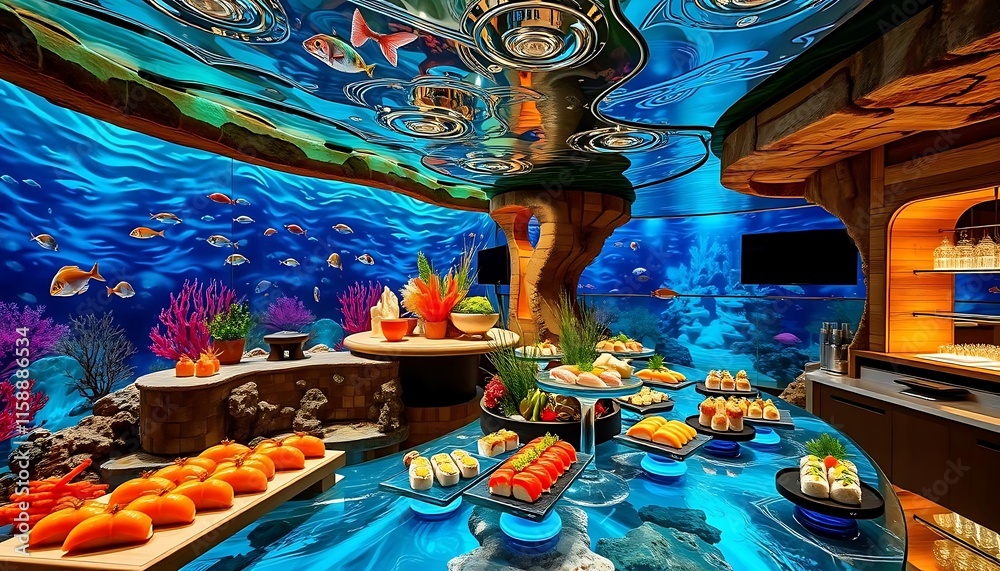Fototapeta premium Underwater Sushi Restaurant Exquisite Buffet Display
