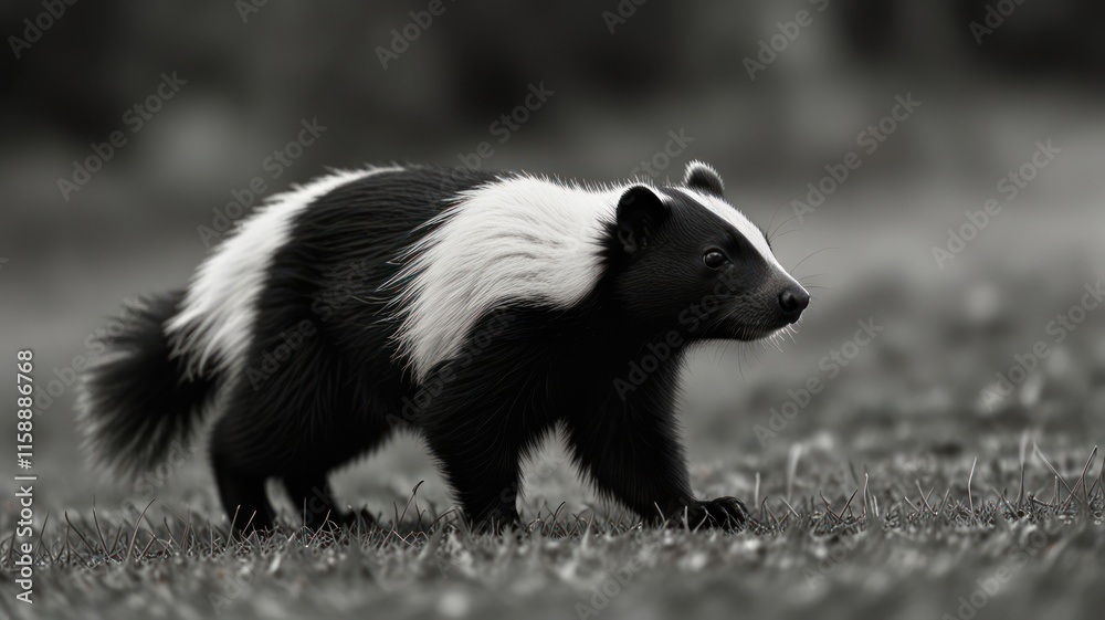 A Black And White Striped Skunk Walks In Grass A Black And White Striped Skunk Walks In Grass