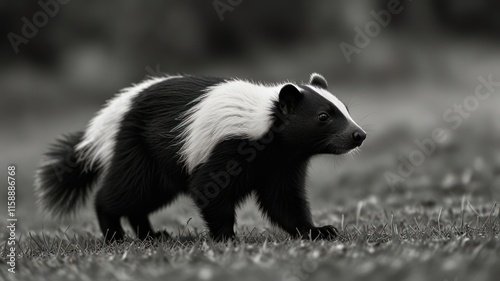 A Black And White Striped Skunk Walks In Grass photo