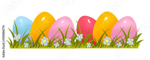 Easter Egg Hunt on Green Grass with Flower. Easter Border Decoration Element. Vector Illustration.