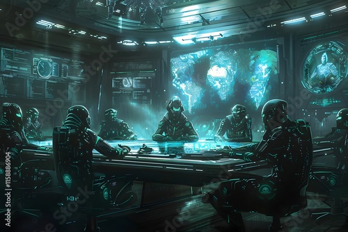 Futuristic soldiers attend a briefing near a holographic Earth.