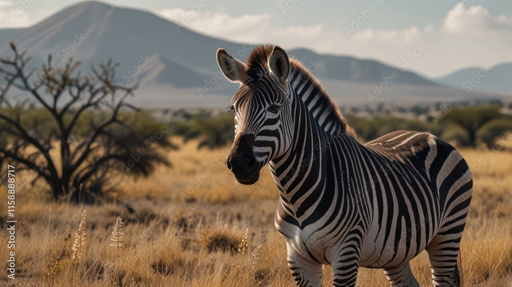 Naklejka premium Zebra Stands In African Savanna Grassland