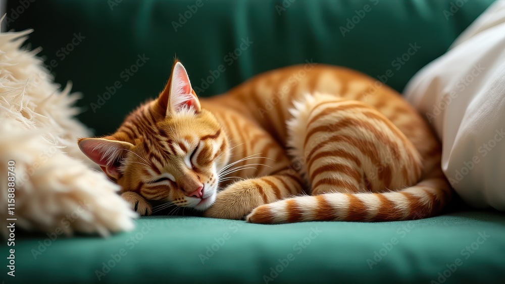 A cat napping peacefully on a plush couch, with a calm and serene expression, surrounded by soft cushions A cat napping peacefully on a plush couch, with a calm and serene expression, surrounded by soft cushions