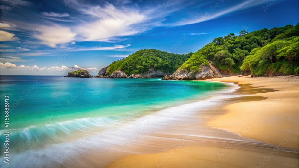 Fototapeta premium Huatulco's paradise beach: turquoise waters, long exposure captures scenic coastal beauty.