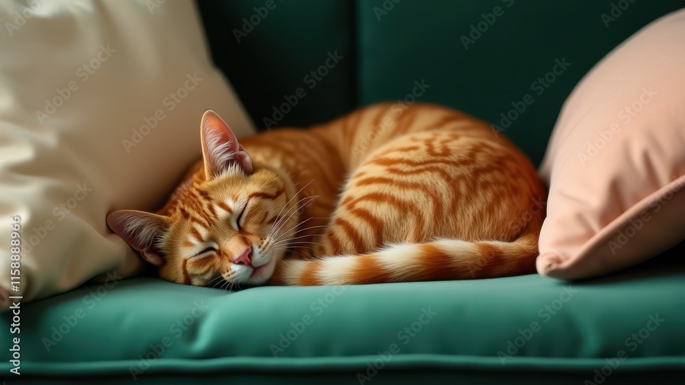 A cat napping peacefully on a plush couch, with a calm and serene expression, surrounded by soft cushions A cat napping peacefully on a plush couch, with a calm and serene expression, surrounded by soft cushions