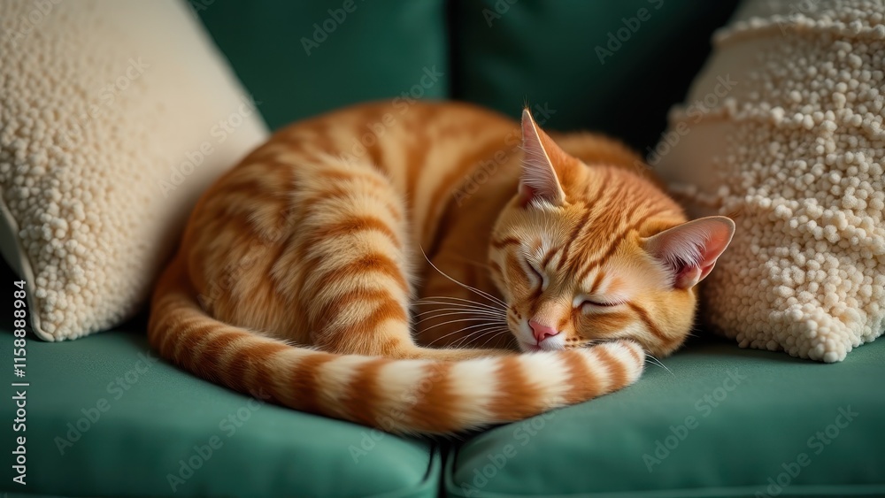 A cat napping peacefully on a plush couch, with a calm and serene expression, surrounded by soft cushions A cat napping peacefully on a plush couch, with a calm and serene expression, surrounded by soft cushions