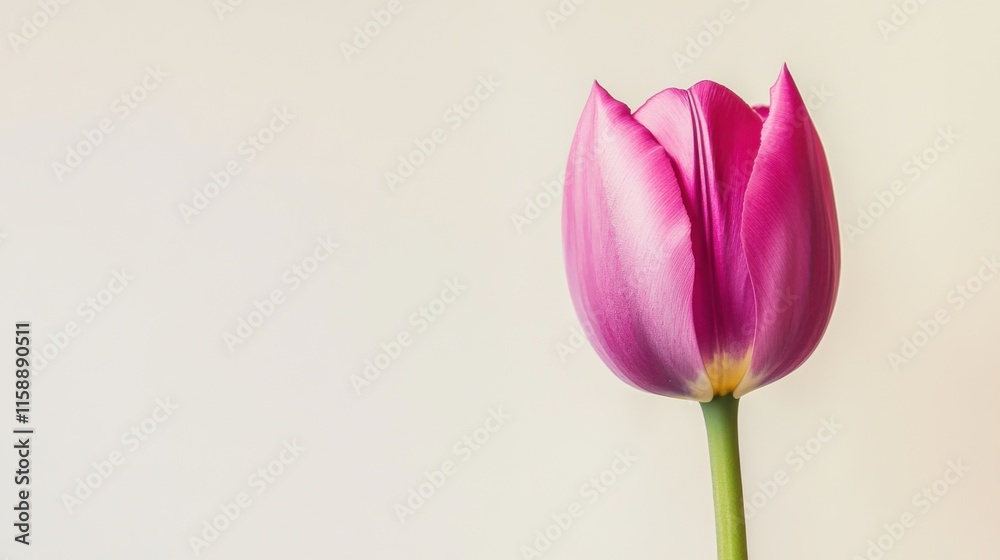 Fototapeta premium A solitary vibrant fuchsia tulip isolated against a muted cream background, close-up shot, Minimalist style