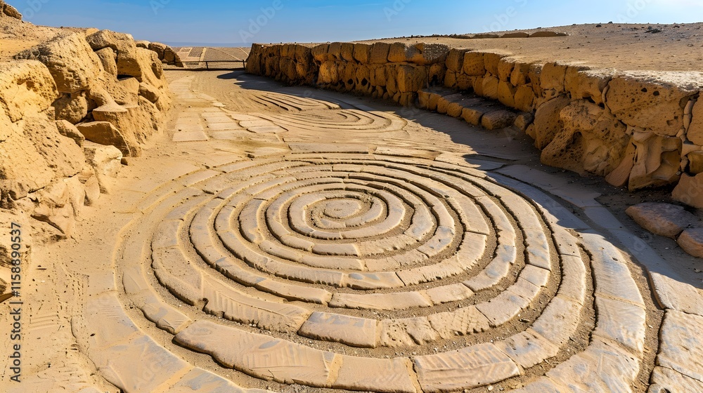 Ancient Spiral Design in Desert Landscape with Clear Blue Sky Ancient Spiral Design in Desert Landscape with Clear Blue Sky