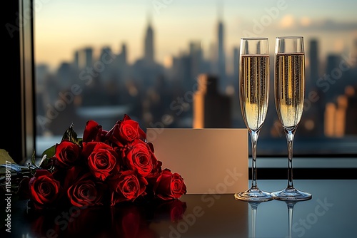 Romantic Champagne Toast with Red Roses and City Skyline