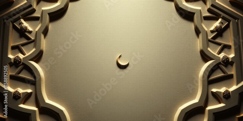 Minimalist Islamic background featuring a crescent moon and stars, with abstract shapes and geometric accents in the background