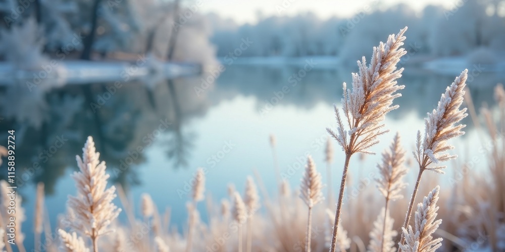 Serene Winter Landscape Frost-Covered Reeds by a Tranquil Lake Reflected in Still Waters Serene Winter Landscape Frost-Covered Reeds by a Tranquil Lake Reflected in Still Waters